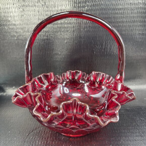 Fenton Ruby Red Glass Basket Bowl Ruffled Edge Amberina Vintage Decor - Picture 14 of 16